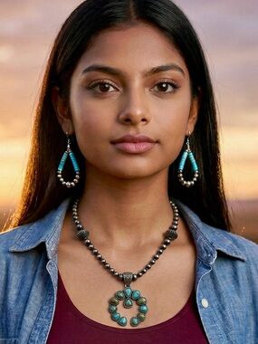 Vintage Sterling Silver Navajo Pearls Turquoise Squash Blossom Pendant Necklace